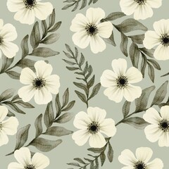 White flowers and green leaves watercolor seamless pattern design, digital paper