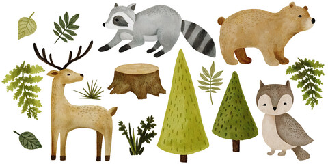 Watercolor forest animal clipart with bear, deer, raccoon and rabbit