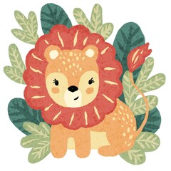 Cute Lion with green leaves composition 