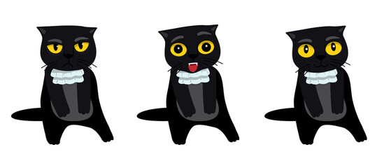 Set of black cat emoji. Crazy kitten with different emotions. Angry, skeptical, happy. Funny cat breaking things comic illustration, cartoon vector drawing.