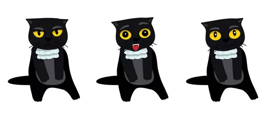 Fotobehang Set of black cat emoji. Crazy kitten with different emotions. Angry, skeptical, happy. Funny cat breaking things comic illustration, cartoon vector drawing. © Nataliya