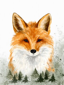 Fox watercolor illustration portrait with green foggy forest background 