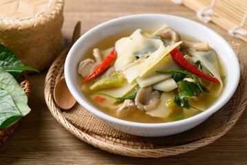 Spicy bamboo shoot soup with mushroom, Local Thai food