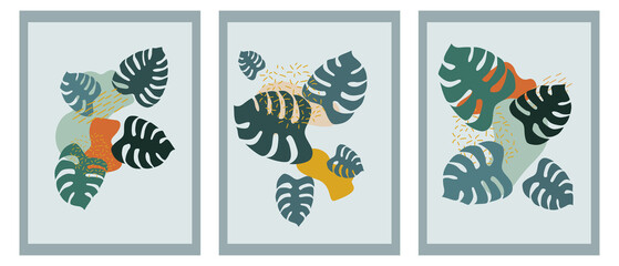 Obraz premium Tropical Memphis wall art set. Various monster leaves, abstract forms. Doodle style. Contemporary modern trendy r illustrations. Continuous line, minimalistic elegant concept.