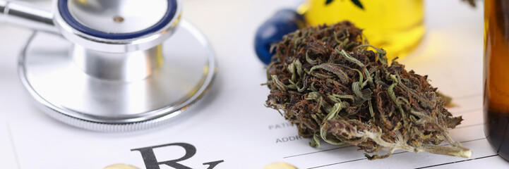 Medical prescription and narcotic drugs lying on table closeup