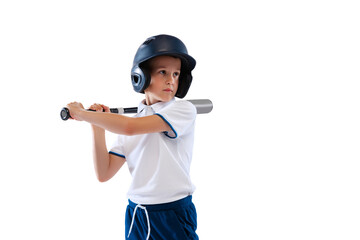 Little boy, baseball player, pitcher in blue-white uniform training isolated on white studio...