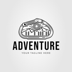 carabiner with mountain landscape adventure logo vector illustration design