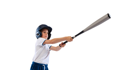 Studio shot of sportive kid, beginner baseball player in sports uniform playing baseball isolated on white background. Concept of sport, achievements, competition