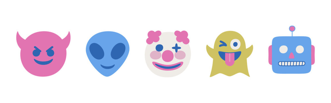 Set of vector facial toy illustrations of alien clown ghost devil and robot. Collection of multicolor chat emoji icons.