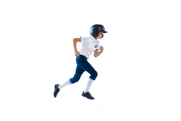 Fototapeta na wymiar Little boy, baseball player, pitcher in blue-white uniform training isolated on white studio background. Concept of sport, achievements, studying, competition.