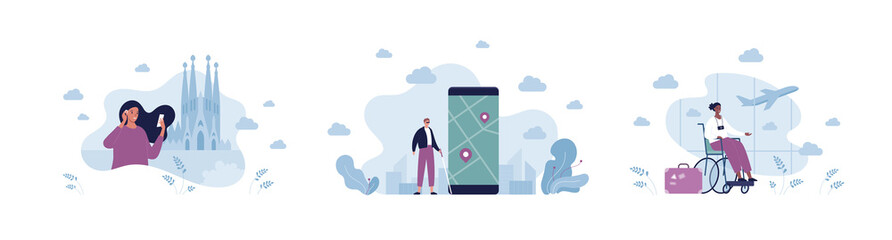 Travel for disabled people concept. Vector flat person illustration set. Woman in wheelchair, blind and deaf character. Airport departure zone. City map on smartphone. Cathedral building.