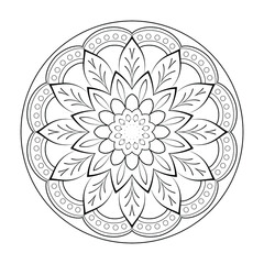 Floral outline circular mandala pattern with Arabic ethnic style Indian black and white line art design. Mandala tattoo 