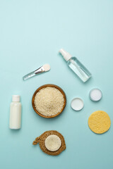 Rice for holistic skin care therapy. Holistic beauty concept, fermented beauty care trend. Vertical photo