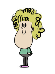 Cute little girl character standing and smiling with blonde and curly hair. Cartoon hand drawn style vector illustration isolated on white background.