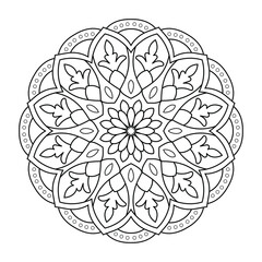 Floral outline circular mandala pattern with Arabic ethnic style Indian black and white line art design. Mandala tattoo 