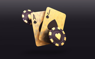 casino cards poker blackjack baccarat craps dice Black And Red Ace Symbols With Golden Metal 3d render 3d rendering illustration  - obrazy, fototapety, plakaty
