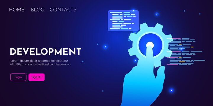 Web development, coding and programming futuristic banner. Hand touching computer code