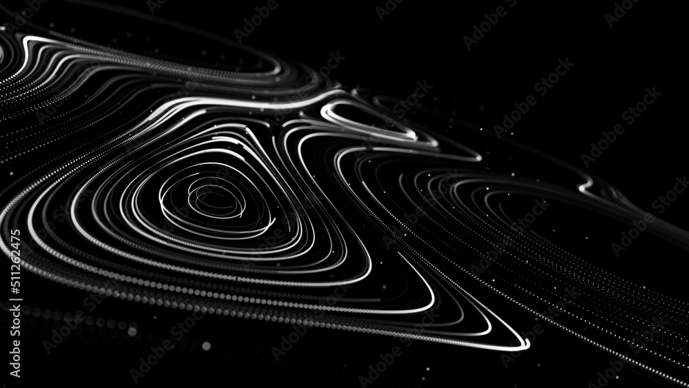 Poster flow of particles. big data visualization. digital technology wave. futuristic cyberspace. abstract 
