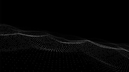 Futuristic digital wave. Dark cyberspace. Abstract wave with dots and line. White moving particles on background.