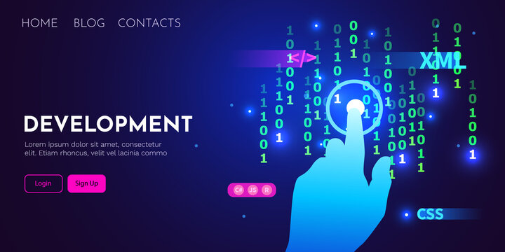 Web development, coding and programming futuristic banner. Hand touching computer code
