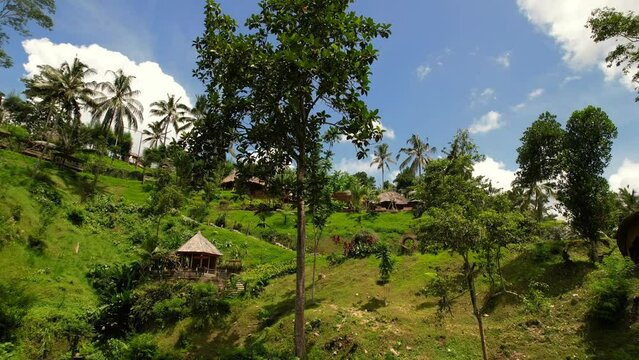 magical hilltop of bamboo huts in Bali on a sunny day with coconut trees, aerial