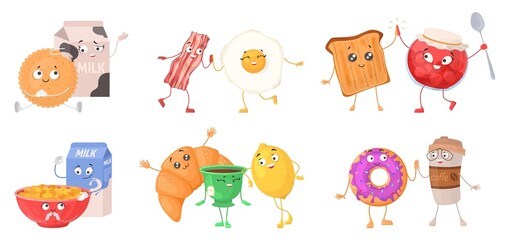 Cheerful breakfast with cute food isolated vector - obrazy, fototapety, plakaty