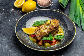 fish fillet breaded in nuts with pepper sauce and vegetables, Healthy fats, clean eating for weight loss, Ketogenic diet food. Food recipe background. Close up