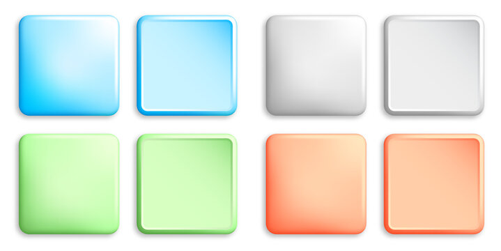 Set of square multi colored buttons with rounded corners. Elements for design of web pages and interface. Vector isolated on white background
