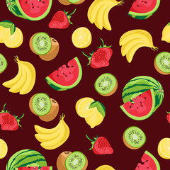 Fruit seamless pattern. Banana, kiwi, strawberry, watermelon, lemon. Prints, packaging design, trade, bedding, textiles, markets and wallpaper.