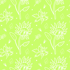 Vector seamless floral pattern in white line on lime background.Repeating botanical print in a minimalist style in bright modern colors.Designs for textiles,wallpaper,fabric,wrapping paper,packaging.