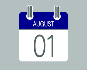 Day 1 august. Blue calendar for days of the month in august. Calendar page template.