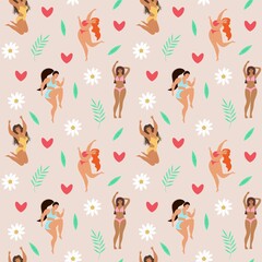 Seamless pattern of body positive happy women, hearts, daisies, leaves and twigs.