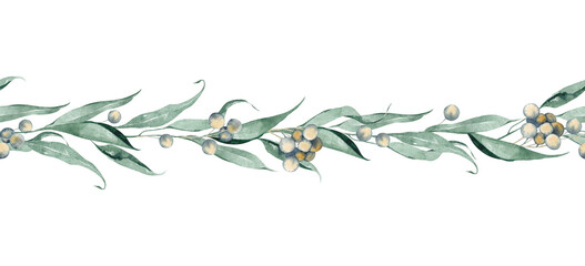 Seamless border of eucalyptus branches, leaves and seeds. Delicate floral romantic arrangement. Watercolor hand painted isolated illustration on white background.