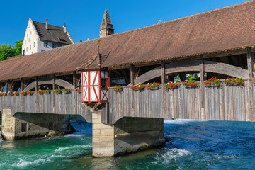 The medieval wooden bridge over Reuss river in Bremgarten is very known and was build 1281. Rebuild...
