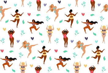 Seamless pattern of body positive happy women, hearts and flowers. Body positive movement, active lifestyle and beauty diversity.