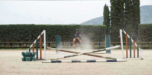 Young boy on horse jumping over obstacles during training in paddock, horse riding lessons.