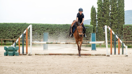 Young boy on horse jumping over obstacles during training in paddock, horse riding lessons.