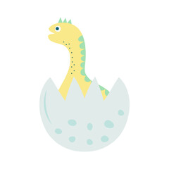Little baby dinosaur hatching from the egg. Prehistoric cartoon character.