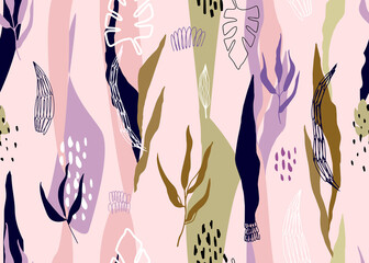 Seamless abstract pattern with decorative elements in memphis style. Vector illustration for printing on fabric, for the background of fashion posts in stories.