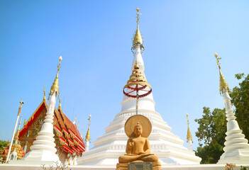 Beautiful Seated Buddha Image and Mantra at the Base with Group of Mon Style Pagoda in Backdrop,...