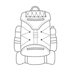 Doodle Tourist backpack with thermos, bottle and travel mat. Equipment for fishing, tourism, travel, camping, hiking. Outline black and white vector illustration isolated on a white background.