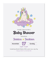 Baby shower invitation card with cute unicorn. Copyspace with babyshower lettering and baby unicorn pony on a cloud. Baby arrival party invitation design template veretical format.
