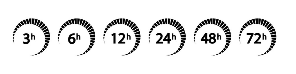 Set of arrows clock and time icons. 3, 6, 12, 24, 48, 72 hours.