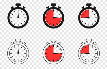 Vector set of clock, alarm clock, timer PNG. Timer, clock on an isolated transparent background. Timer with different time indicator. Сlock icon png. - obrazy, fototapety, plakaty