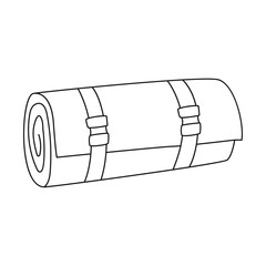 Doodle A tourist mat tied with straps. Equipment for fishing, tourism, travel, camping, hiking. Outline black and white vector illustration isolated on a white background.