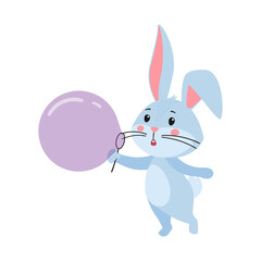Cute cartoon rabbit or hare. Rabbit inflates soap bubbles. Printing on children's T-shirts, greeting cards, posters. Hand-drawn vector stock illustration isolated on white background