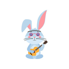 Cute cartoon rabbit or hare. Hippie rabbit in colored glasses plays guitar. Printing on children's T-shirts, greeting cards, posters. Hand-drawn vector stock illustration isolated on white background