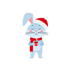 Cute cartoon rabbit or hare. Rabbit wearing hat and scarf holds mug of hot chocolate. Printing on children's T-shirts, greeting cards, posters. Hand-drawn vector stock illustration isolated on white