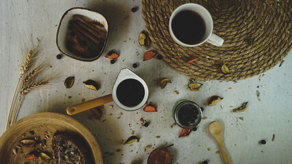 fresh morning black turkish arabic coffee cezva homemade fresh healthy bread with seeds rustic...