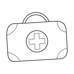 Obraz premium Doodle Tourist medical kit. A portable suitcase with medicines for cars, camping, hiking, at home. Outline black and white vector illustration isolated on a white background.